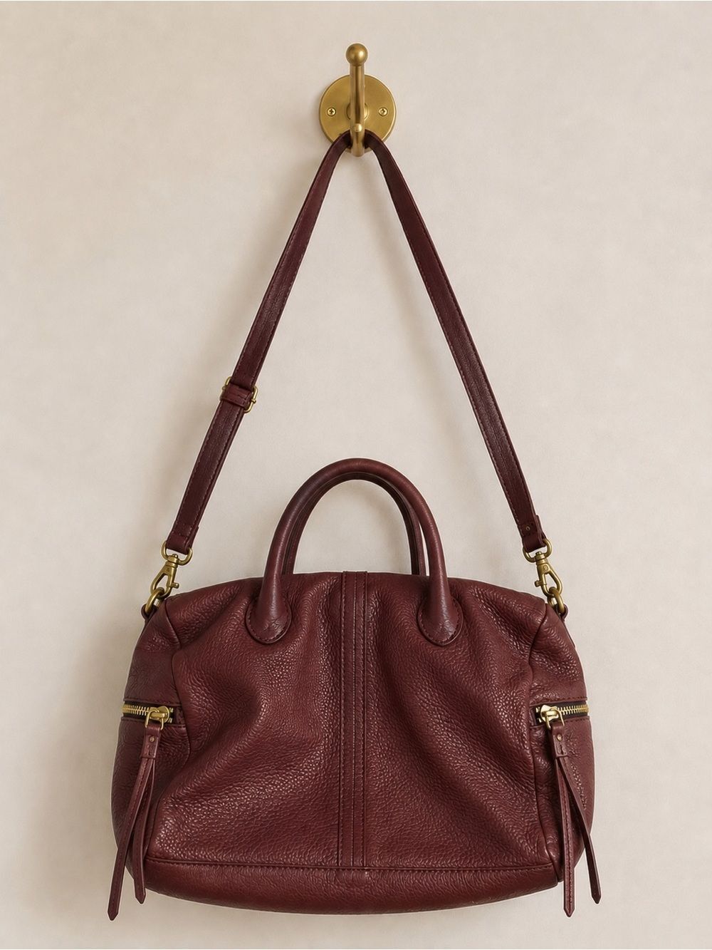 Fossil Vintage Leather Satchel Crossbody Brown Pebbled Zip Pocket Purse Handbag